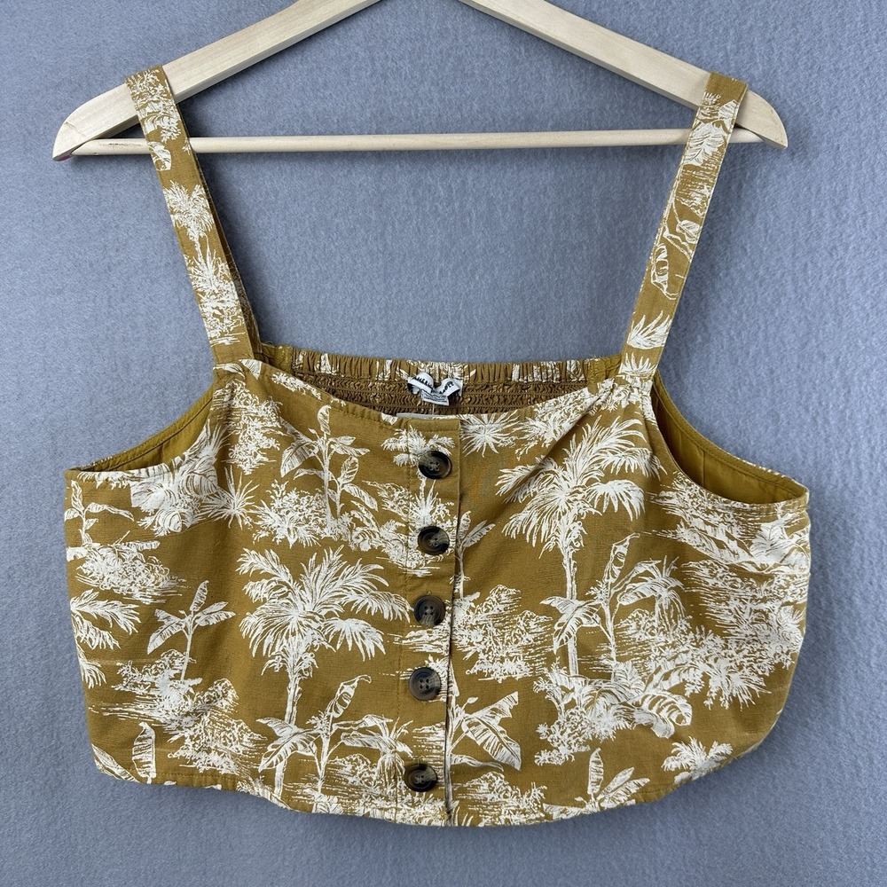 American Eagle Mustard Yellow Cotton Linen Palm Tree‎ Cropped Top. Size XL NEW
